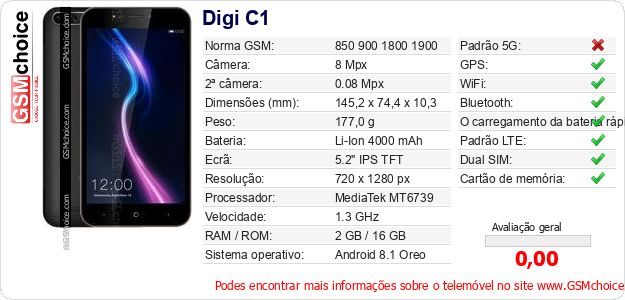 Digi C1 Especificações técnicas do telemóvel 