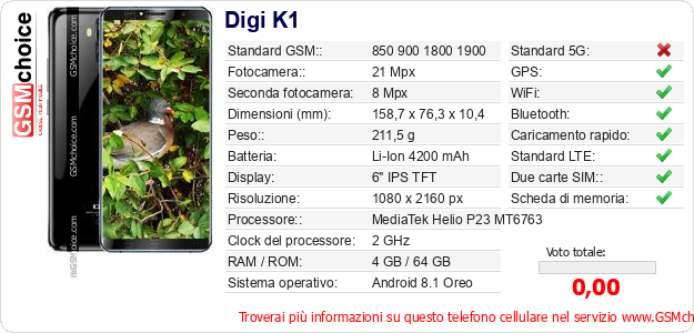 Digi K1 Dati tecnici di telefono cellulare Digi K1 Dati tecnici di telefono cellulare