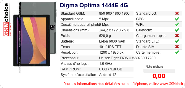Digma Optima 1444E 4G Fiche technique Digma Optima 1444E 4G Fiche technique