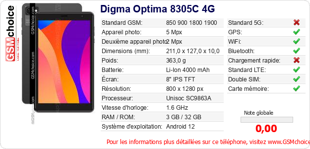 Digma Optima 8305C 4G Fiche technique