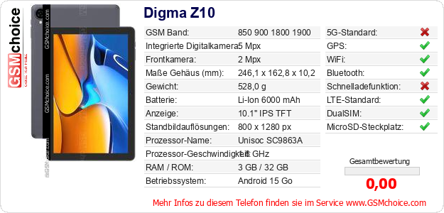 Digma Z10 technische Daten Digma Z10 technische Daten