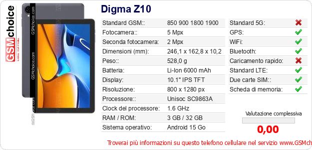 Digma Z10 Dati tecnici di telefono cellulare 