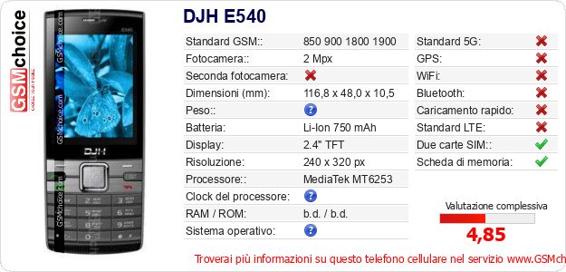 DJH E540 Dati tecnici di telefono cellulare DJH E540 Dati tecnici di telefono cellulare