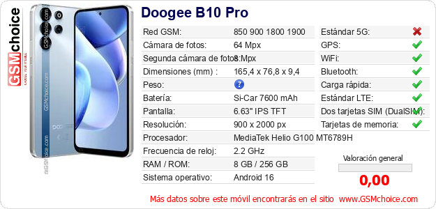 Doogee B10 Pro Datos técnicos del móvil 