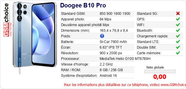 Doogee B10 Pro Fiche technique Doogee B10 Pro Fiche technique