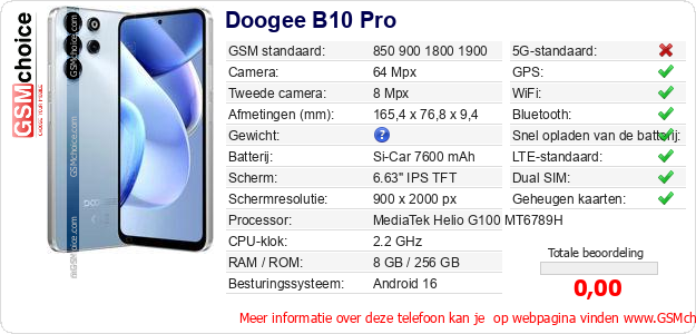 Doogee B10 Pro Technische gegevens 