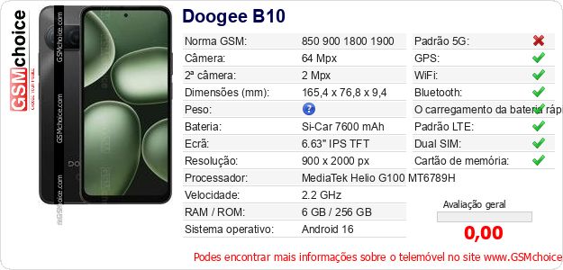 Doogee B10 Especificações técnicas do telemóvel Doogee B10 Especificações técnicas do telemóvel