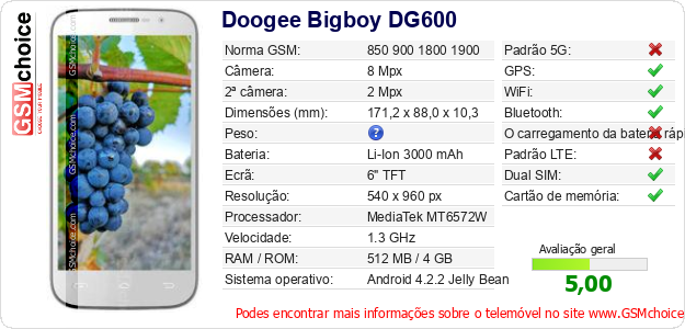 Doogee Bigboy DG600 Especificações técnicas do telemóvel Doogee Bigboy DG600 Especificações técnicas do telemóvel