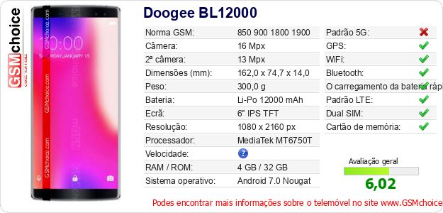 Doogee BL12000 Especificações técnicas do telemóvel Doogee BL12000 Especificações técnicas do telemóvel