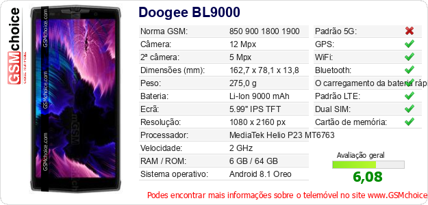 Doogee BL9000 Especificações técnicas do telemóvel Doogee BL9000 Especificações técnicas do telemóvel