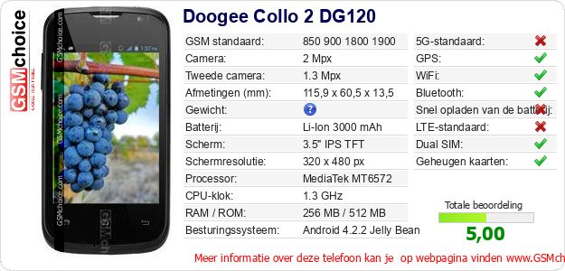 Doogee Collo 2 DG120 Technische gegevens Doogee Collo 2 DG120 Technische gegevens