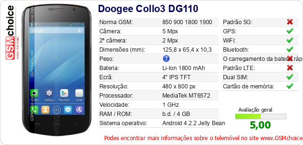 Doogee Collo3 DG110 Especificações técnicas do telemóvel 
