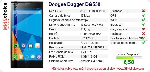 Doogee Dagger DG550 Datos técnicos del móvil Doogee Dagger DG550 Datos técnicos del móvil