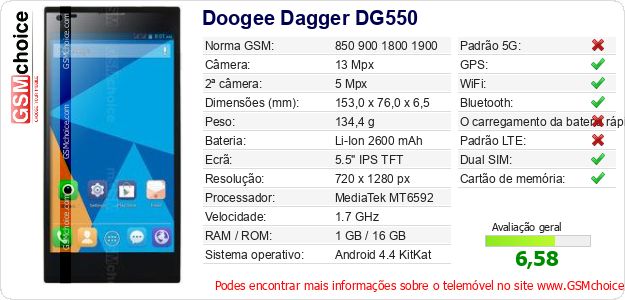 Doogee Dagger DG550 Especificações técnicas do telemóvel Doogee Dagger DG550 Especificações técnicas do telemóvel