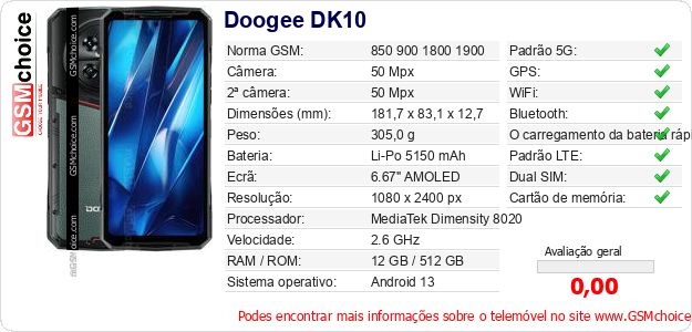 Doogee DK10 Especificações técnicas do telemóvel 