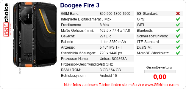 Doogee Fire 3 technische Daten Doogee Fire 3 technische Daten