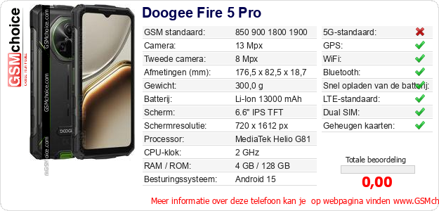 Doogee Fire 5 Pro Technische gegevens Doogee Fire 5 Pro Technische gegevens