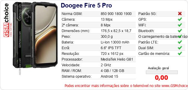 Doogee Fire 5 Pro Especificações técnicas do telemóvel Doogee Fire 5 Pro Especificações técnicas do telemóvel