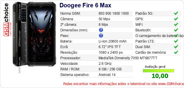 Doogee Fire 6 Max Especificações técnicas do telemóvel Doogee Fire 6 Max Especificações técnicas do telemóvel