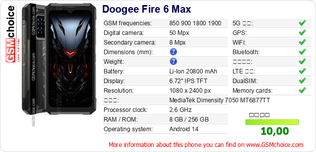 Doogee Fire 6 Max 手機技術數據