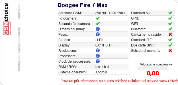 Doogee Fire 7 Max Dati tecnici di telefono cellulare 