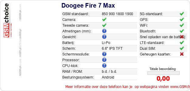 Doogee Fire 7 Max Technische gegevens Doogee Fire 7 Max Technische gegevens
