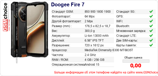 Doogee Fire 7 Технические данные телефона Doogee Fire 7 Технические данные телефона