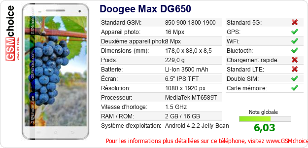 Doogee Max DG650 Fiche technique