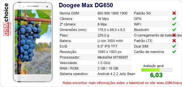 Doogee Max DG650 Especificações técnicas do telemóvel Doogee Max DG650 Especificações técnicas do telemóvel