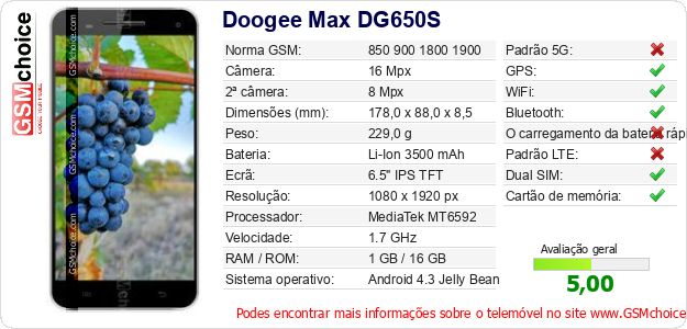 Doogee Max DG650S Especificações técnicas do telemóvel Doogee Max DG650S Especificações técnicas do telemóvel