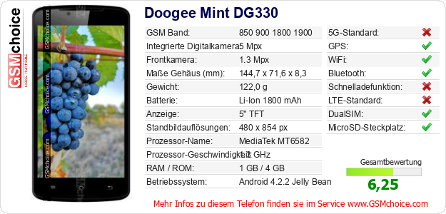 Doogee Mint DG330 technische Daten Doogee Mint DG330 technische Daten
