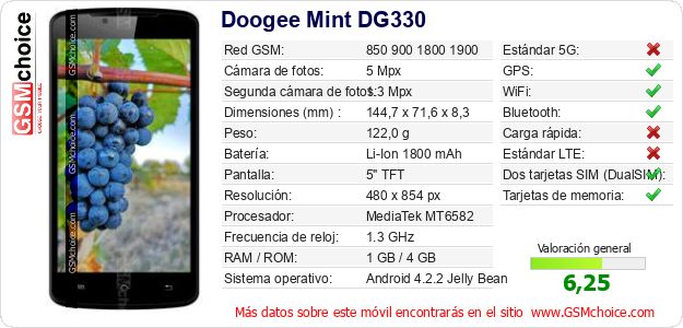 Doogee Mint DG330 Datos técnicos del móvil 