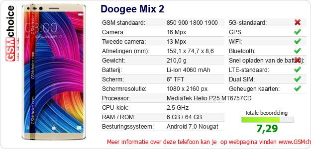 Doogee Mix 2 Technische gegevens Doogee Mix 2 Technische gegevens