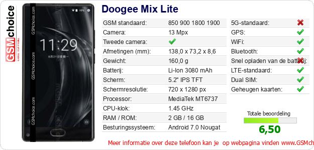 Doogee Mix Lite Technische gegevens Doogee Mix Lite Technische gegevens