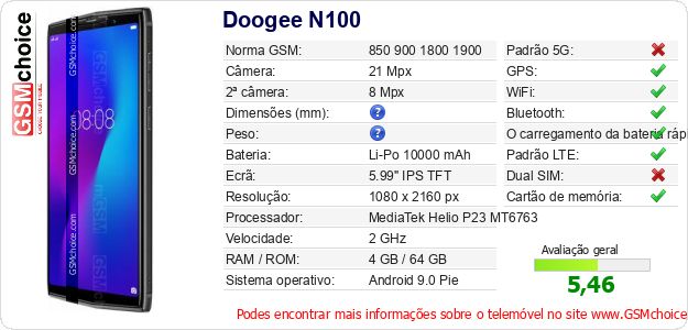 Doogee N100 Especificações técnicas do telemóvel 