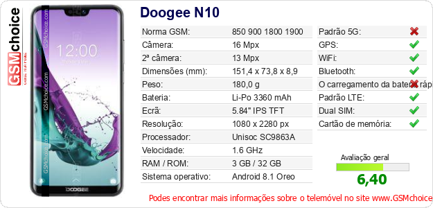 Doogee N10 Especificações técnicas do telemóvel Doogee N10 Especificações técnicas do telemóvel
