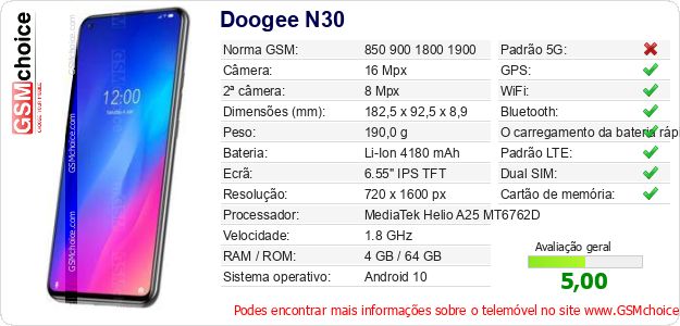 Doogee N30 Especificações técnicas do telemóvel Doogee N30 Especificações técnicas do telemóvel