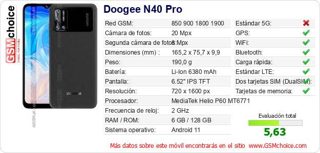 Doogee N40 Pro Datos técnicos del móvil 
