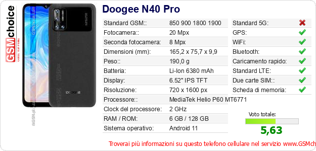 Doogee N40 Pro Dati tecnici di telefono cellulare Doogee N40 Pro Dati tecnici di telefono cellulare