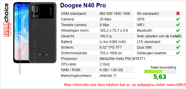 Doogee N40 Pro Technische gegevens Doogee N40 Pro Technische gegevens