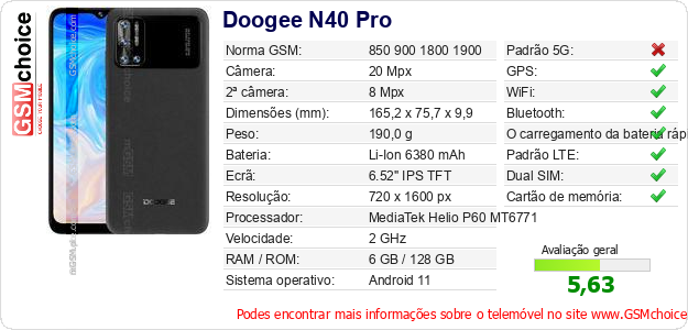 Doogee N40 Pro Especificações técnicas do telemóvel 
