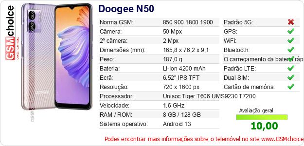 Doogee N50 Especificações técnicas do telemóvel 