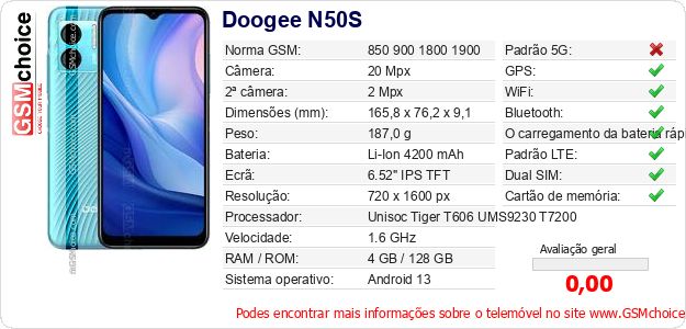 Doogee N50S Especificações técnicas do telemóvel Doogee N50S Especificações técnicas do telemóvel