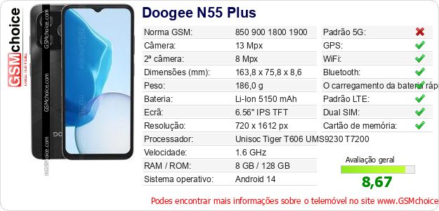 Doogee N55 Plus Especificações técnicas do telemóvel 