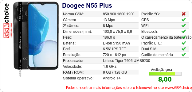 Doogee N55 Plus Especificações técnicas do telemóvel Doogee N55 Plus Especificações técnicas do telemóvel