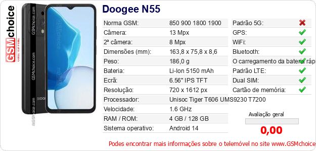 Doogee N55 Especificações técnicas do telemóvel Doogee N55 Especificações técnicas do telemóvel