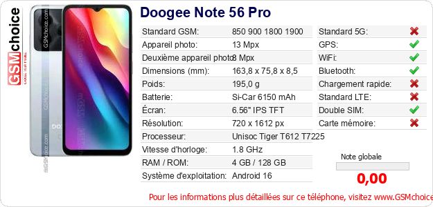Doogee Note 56 Pro Fiche technique