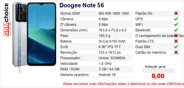 Doogee Note 56 Especificações técnicas do telemóvel 