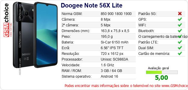 Doogee Note 56X Lite Especificações técnicas do telemóvel 