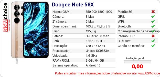 Doogee Note 56X Especificações técnicas do telemóvel Doogee Note 56X Especificações técnicas do telemóvel